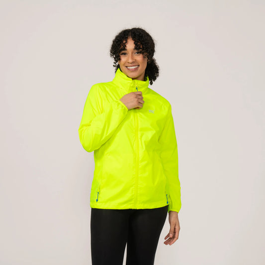 Person wearing a bright neon yellow waterproof and windproof jacket on a plain background