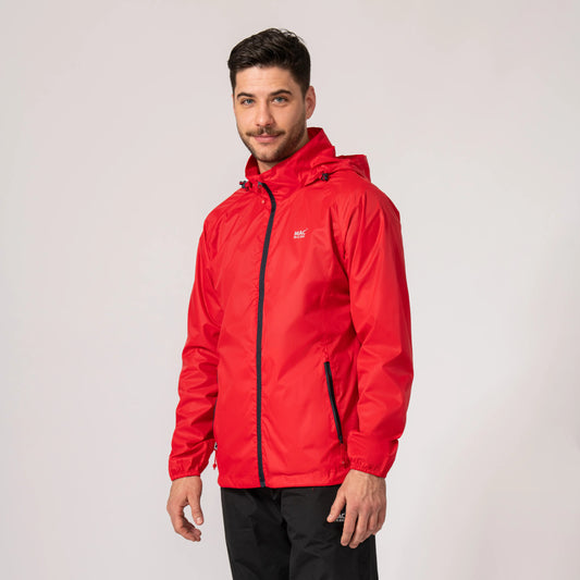 Man wearing a red waterproof and windproof jacket with a brand logo on a light gray background